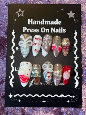 Handmade Press-On Nails - Christmas Red, White & Gold